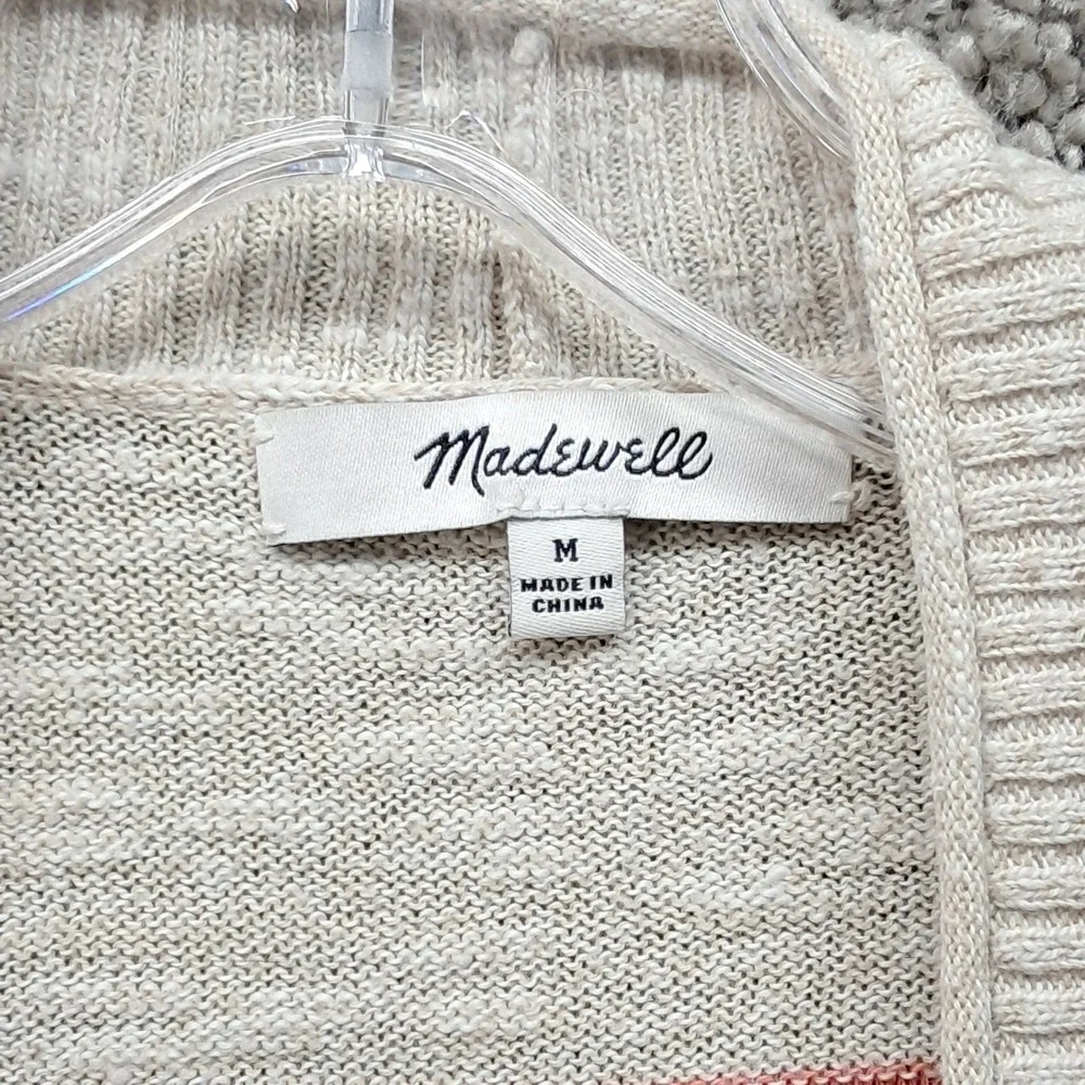 Madewell Striped Open‎ Front Cardigan Sweater Beige Coral Pink Cotton Blend Med